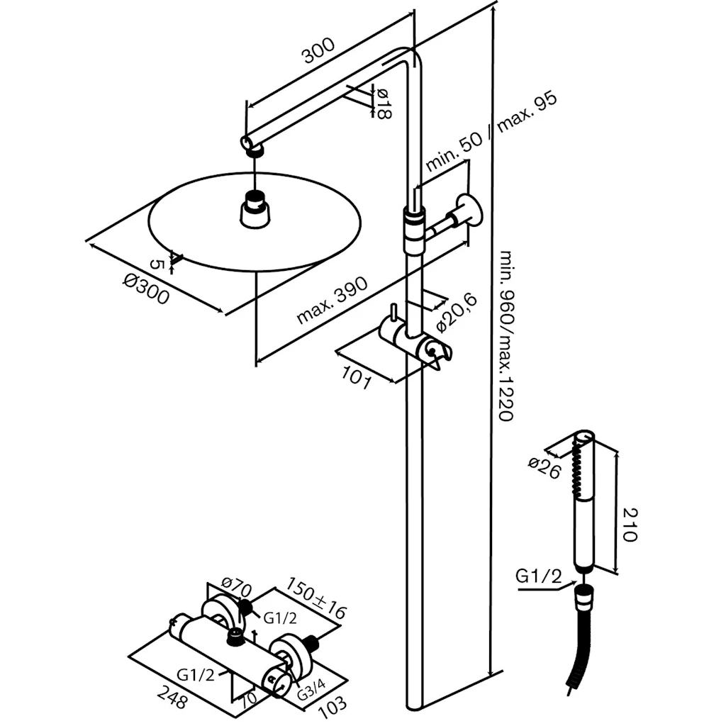 Iris takdusj, børstet stål Iris takdusj, børstet stål